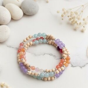 Vibrant Multicolour Quartz, Agate & Wood Beaded Stretchy Triple Wrap Bracelet